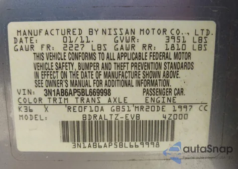 2011 Nissan Sentra 2.0S z USA, uszkodzony, nr VIN 3N1AB6AP5BL669998